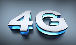 4G chrome sign with blue neon underneath, depicting modern and high-speed mobile connectivity with a sleek and vibrant aesthetic.