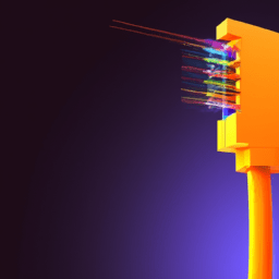 Yellow plug with multiple fibers in neon colors, illustrating vibrant and high-speed fiber optic connectivity in a modern technological context